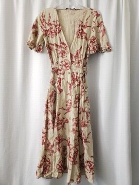 XS Zara Beige Red Floral Print Button Front Linen Blend Midi Dress w/ Pockets